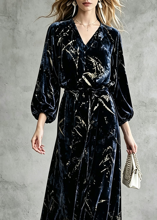 Boho Navy V Neck Elastic Waist Velvet Maxi Dress Fall
