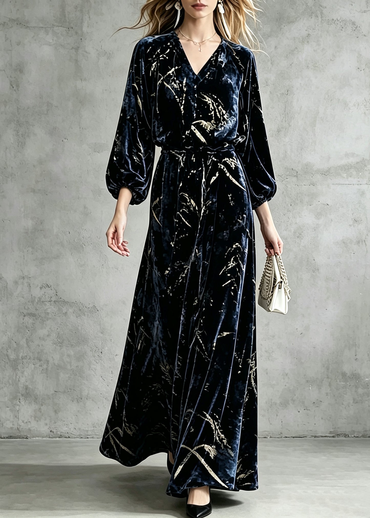 Boho Navy V Neck Elastic Waist Velvet Maxi Dress Fall