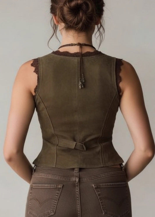 Boho Olive Green Lace Button Patchwork Cotton Vest Top Sleeveless