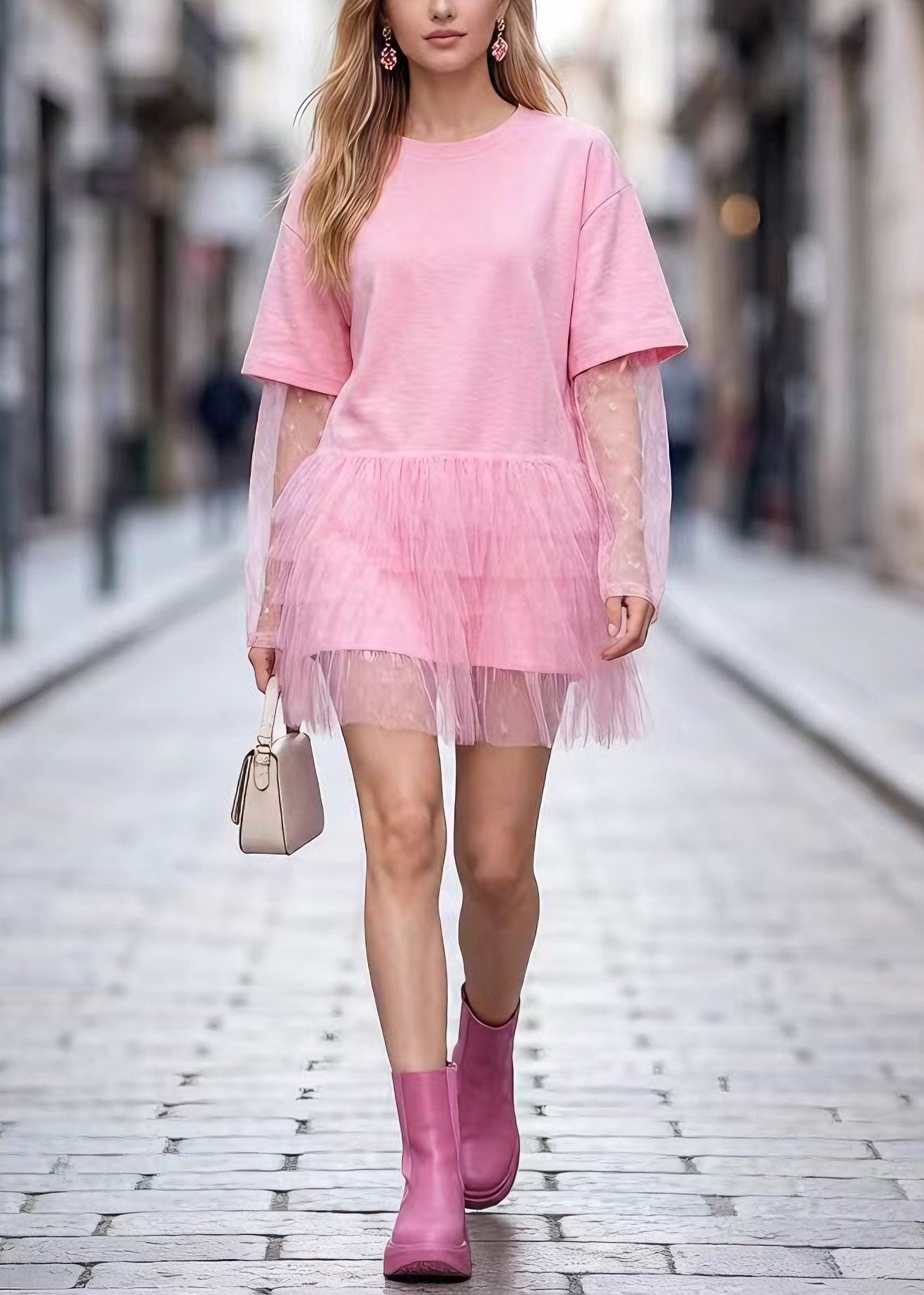 Boho Pink O Neck Tulle Patchwork Cotton Short Dress Summer