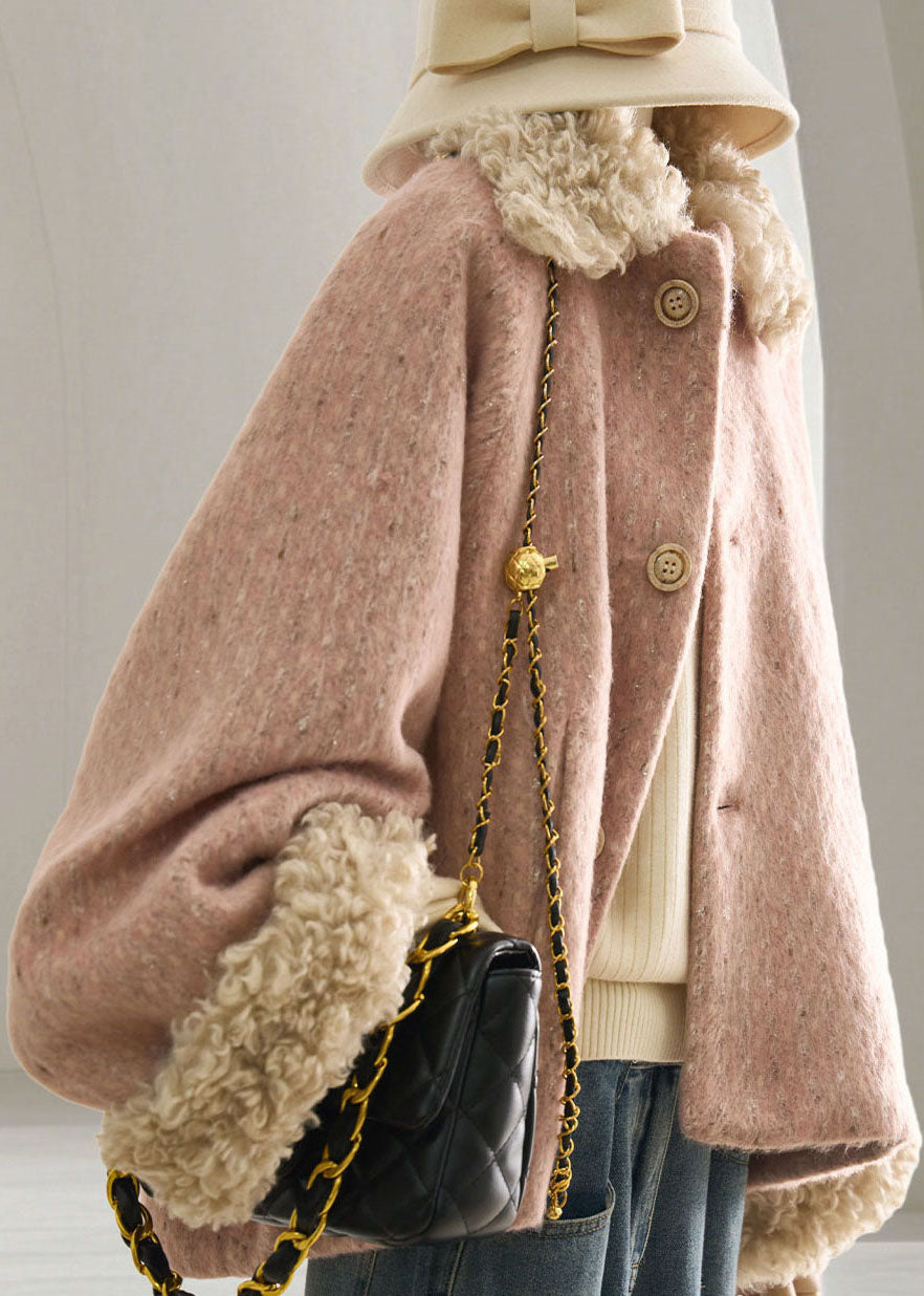Boho Pink Teddy Faux Fur Patchwork Woolen Cotton Filled Puffer Jacket Winter