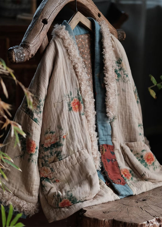Boho Pockets Print Faux Fur Patchwork Fine Cotton Filled Jacket Winter