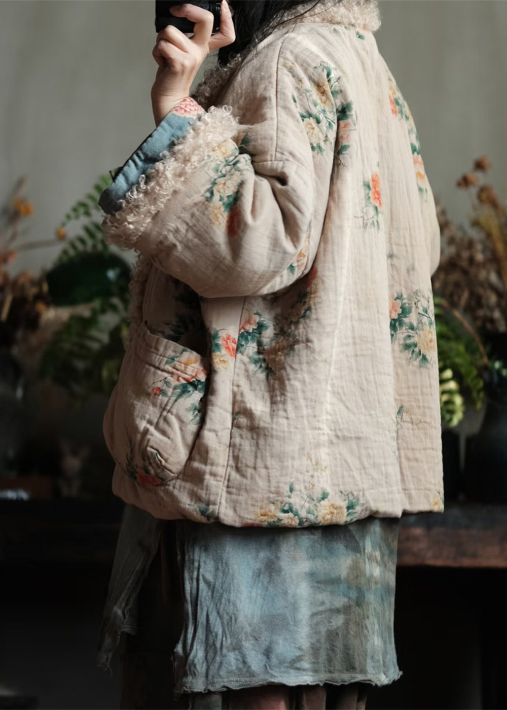 Boho Pockets Print Faux Fur Patchwork Fine Cotton Filled Jacket Winter