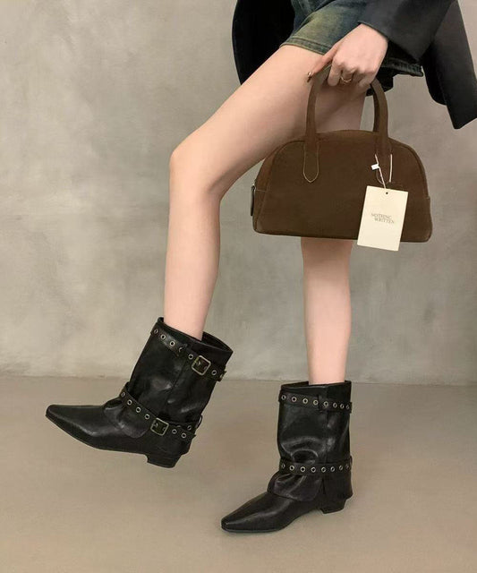 Boho Pointed Toe Wedge Boots Black Faux Leather