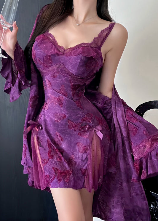 Boho Purple Backless Print Lace Pajama Sets