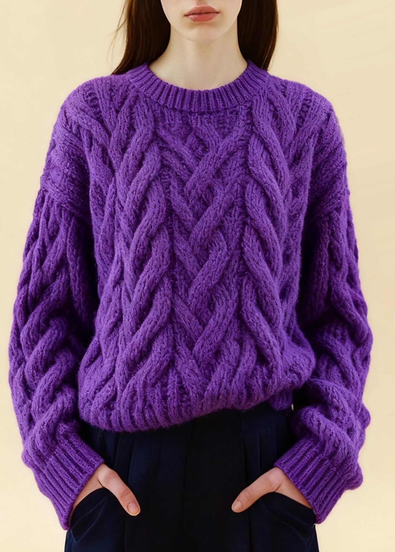 Boho Purple Oversized Cozy Cable Knit Sweaters Winter