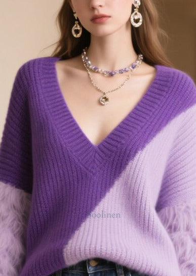 Boho Purple Oversized Patchwork Faux Fur Sweaters Winter