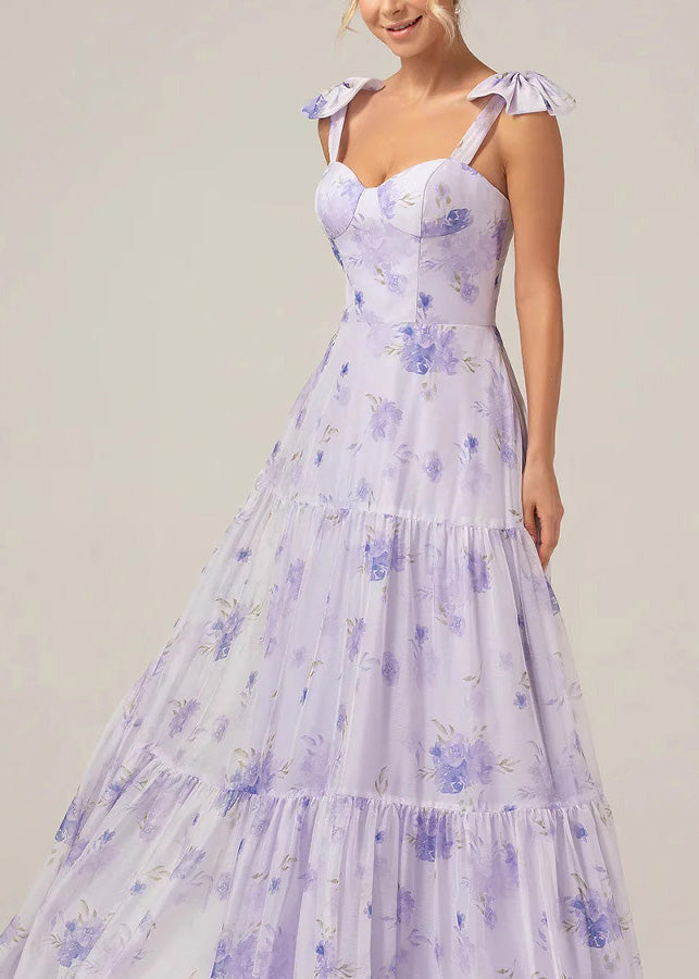 Boho Purple Print Lace Up Chiffon Long Dress Summer