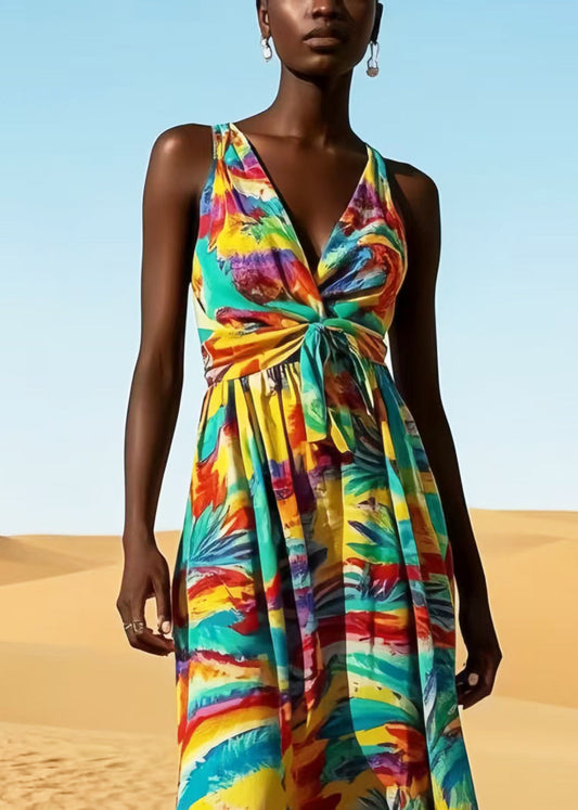 Boho Rainbow V Neck Print Cotton Cami Dress Summer