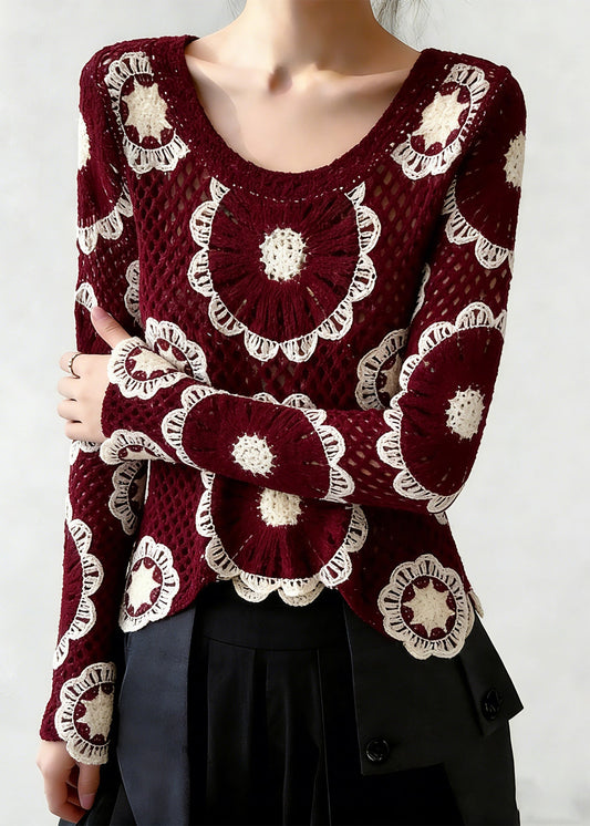 Boho Red O-Neck Hollow Out Knit Top Spring