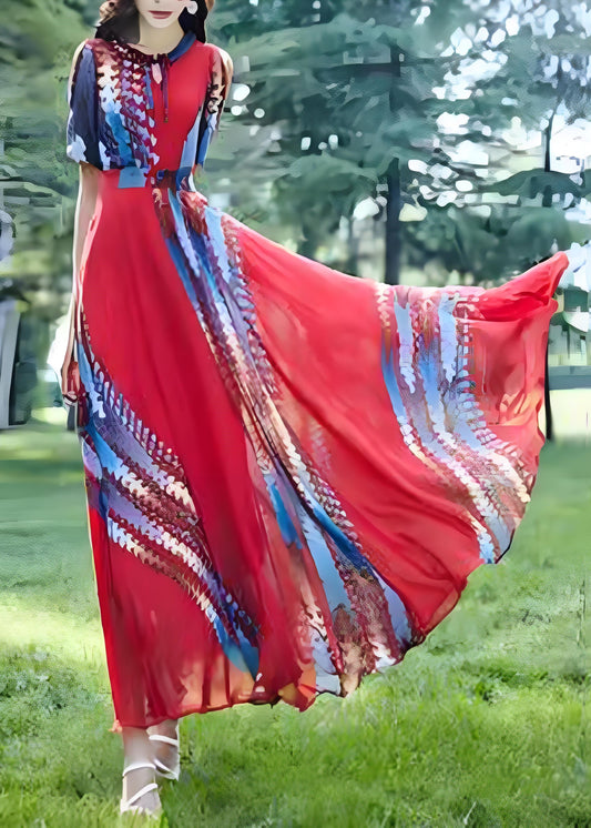 Boho Red O Neck Print Chiffon Long Dress Summer
