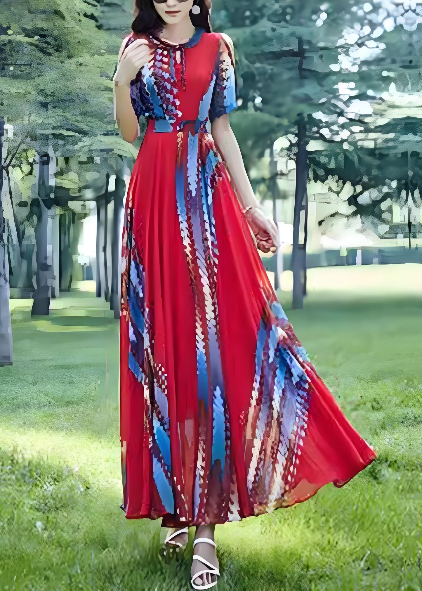 Boho Red O Neck Print Chiffon Long Dress Summer