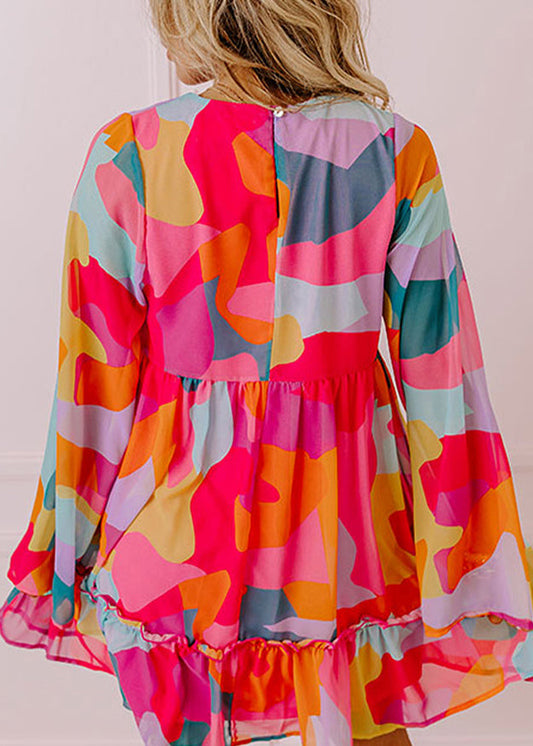 Boho Red Print Wrinkled Chiffon Mid Dresses Fall