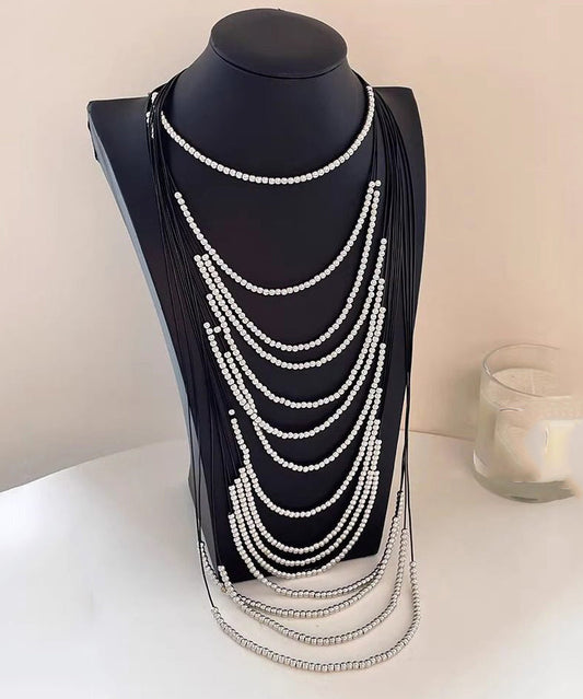 Boho Silk Copper Leather Rope Patchwork Multi-Layer Beading Tassel Gratuated Bead Necklace