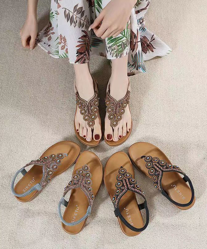 Boho Splicing Wedge Black Zircon Flat Sandals