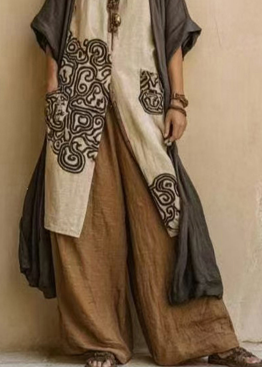 Boho V Neck Print Top Cardigan And Wide Leg Pants Three Pieces Set Fall