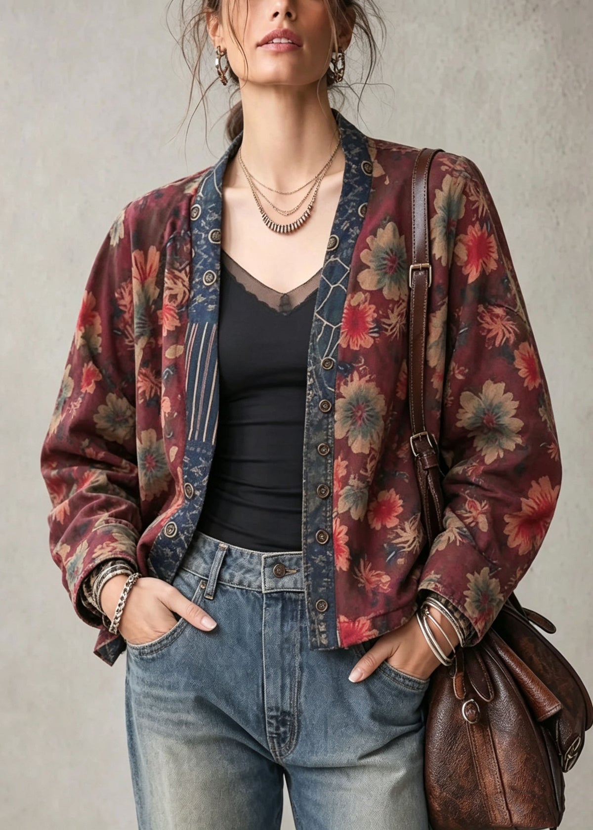 Boho V Neck Print Wear On Both Sides Cotton Cardigan Fall