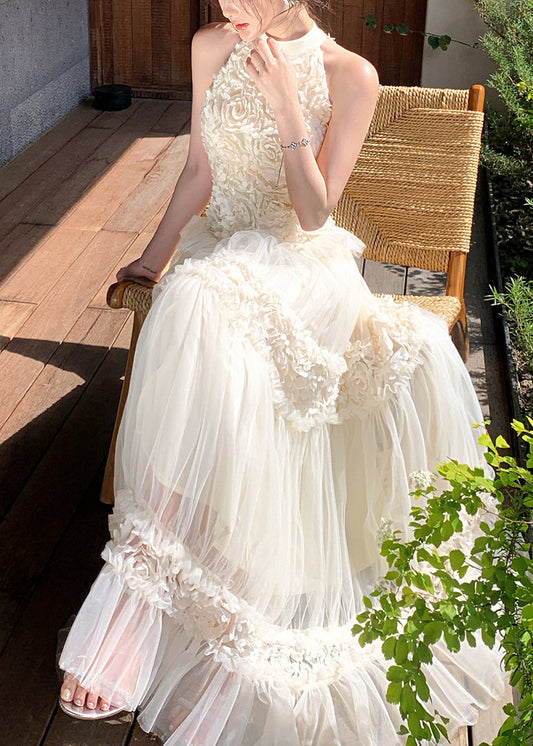 Boho White Cold Shoulder Floral Tulle Party Dress Summer