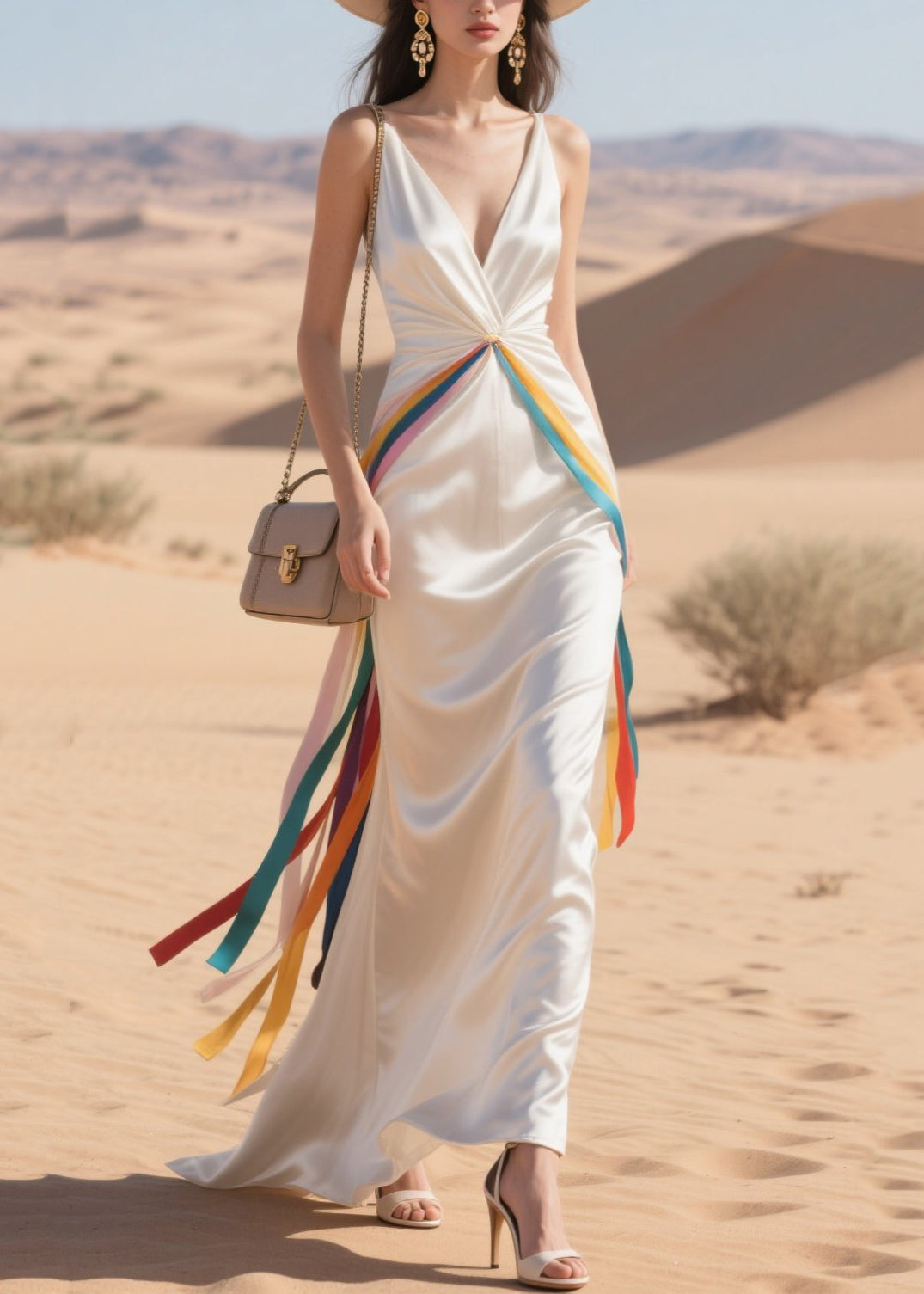 Boho White Draping Patchwork Multicolour Ribbon Silk Party Dress Summer