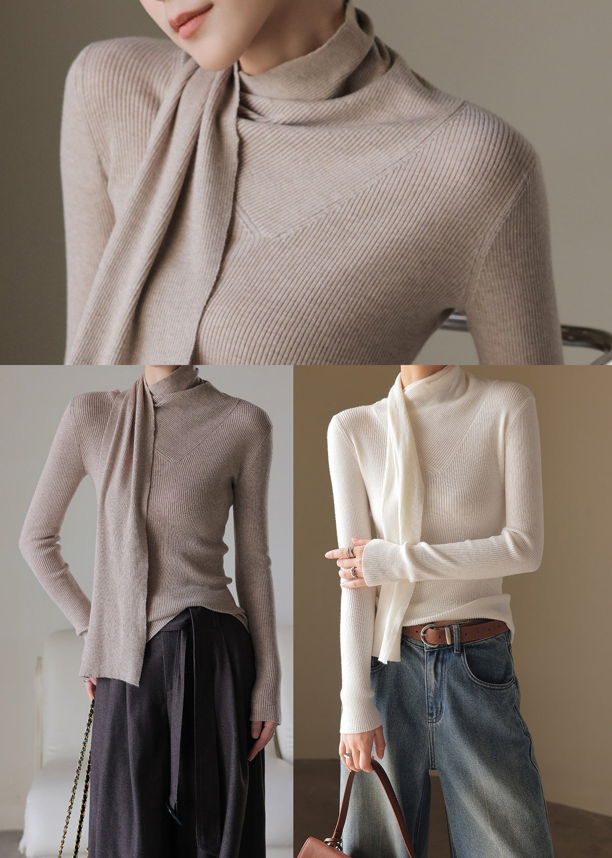 Boho White High Neck With Scarf Knit Shirts Fall
