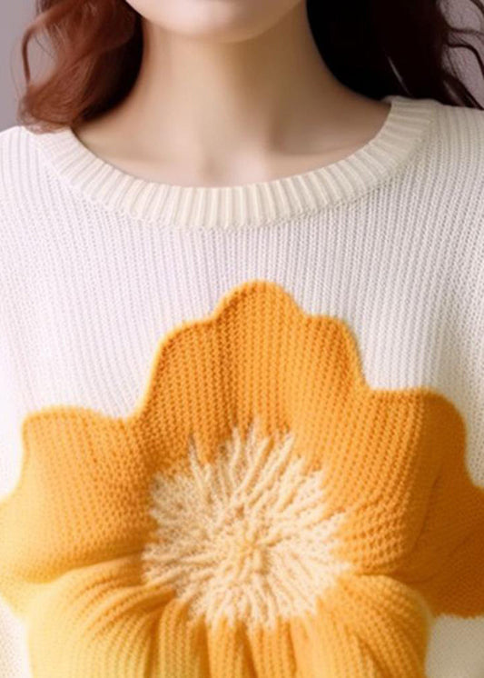 Boho White O Neck Print Knit Tops Long Sleeve