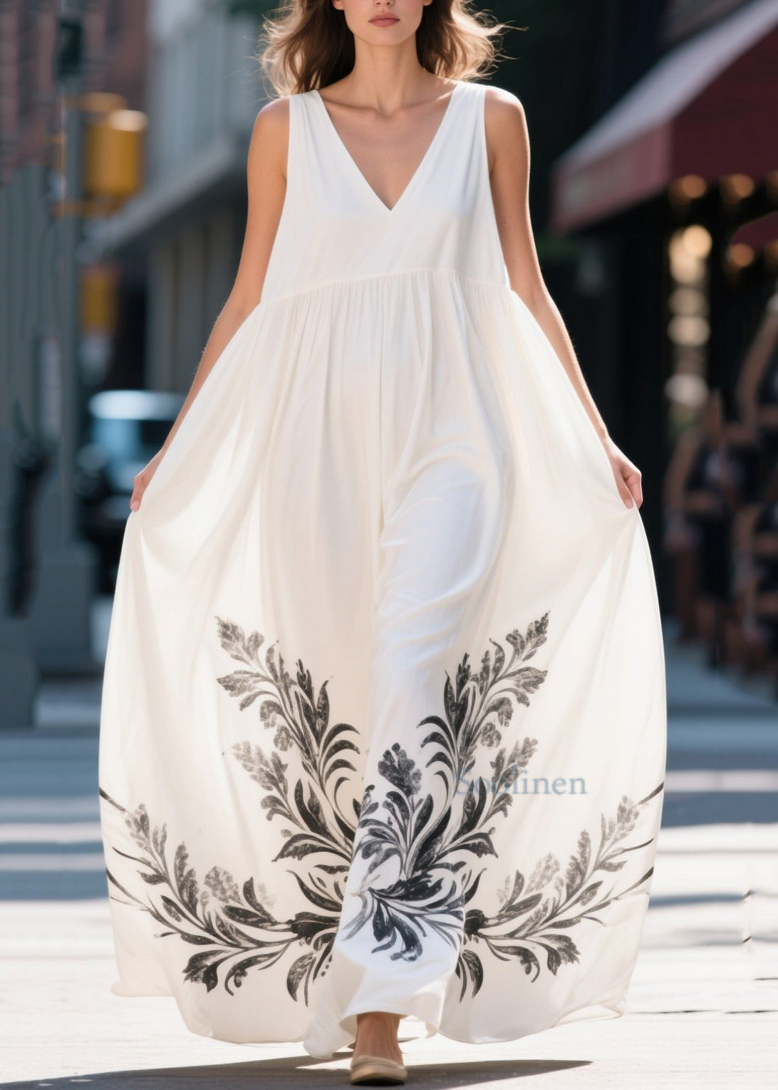 Boho White Oversized Print Chiffon Long Dresses Summer