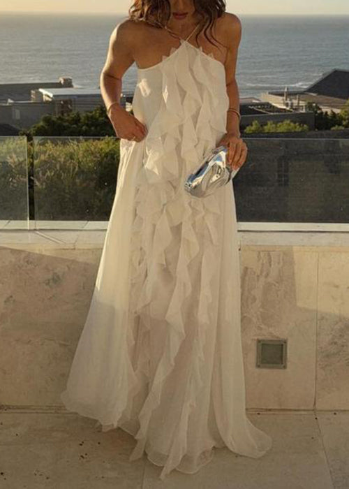 Boho White Ruffled Backless Lace Up Chiffon Maxi Dress Sleeveless