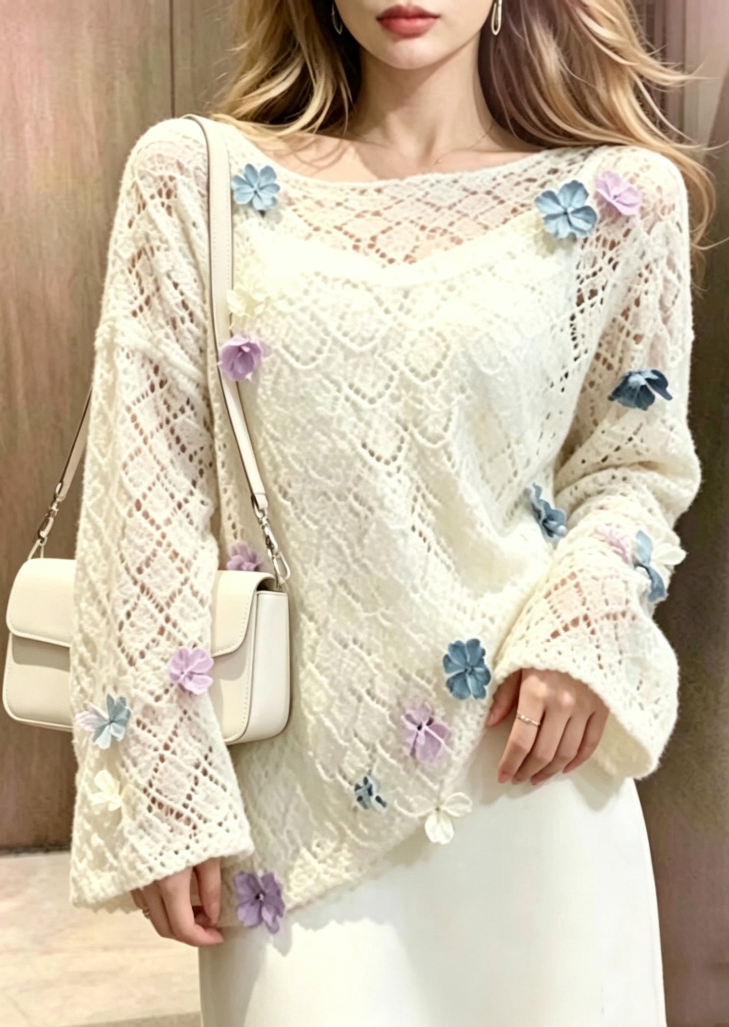 Boho White Sculptural Floral Hollow Out Knit Sweaters Fall