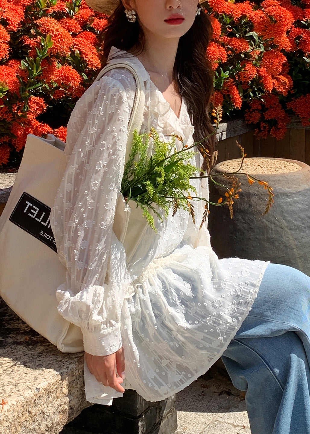 Boho White V Neck Ruffled Cotton Mini Dresses Fall