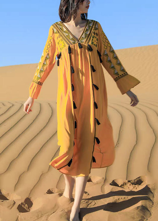Boho Yellow Embroidered Tasseled Patchwork Cotton Dress Fall