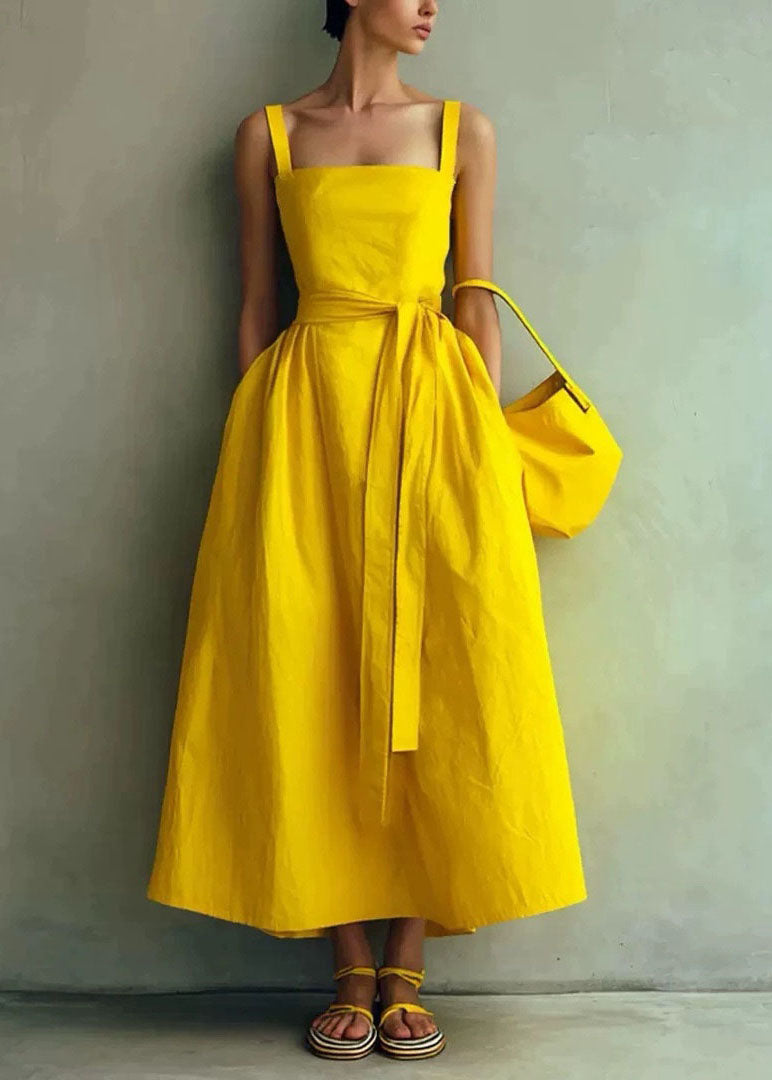 Boho Yellow Tie Waist Exra Large Hem Cotton Dresses Summer