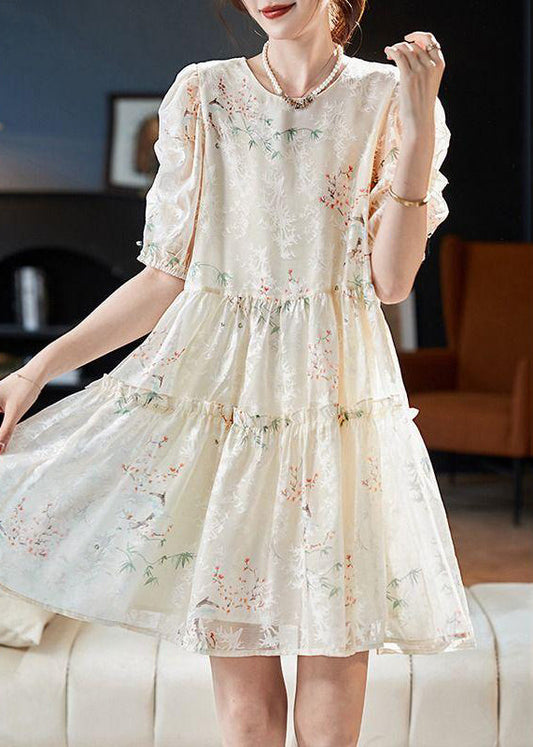 Boutique Apricot O-Neck Print Silk Mid Dress Summer