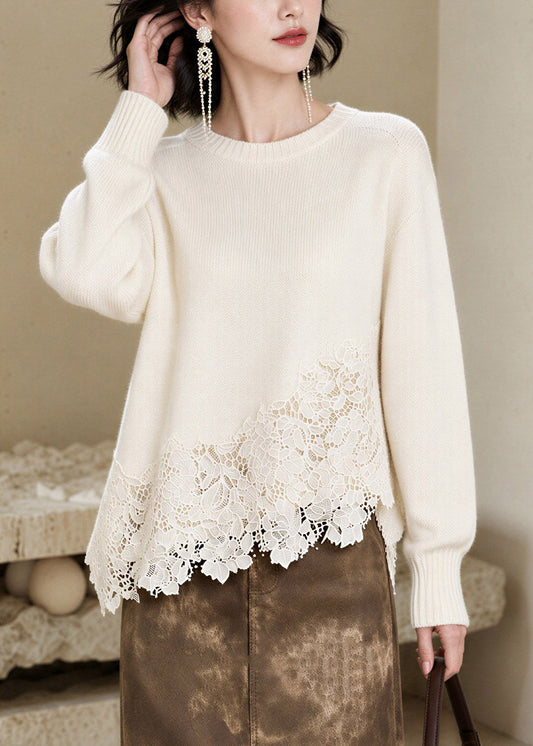 Boutique Beige O-Neck Cotton Knit Sweater Tops Long Sleeve
