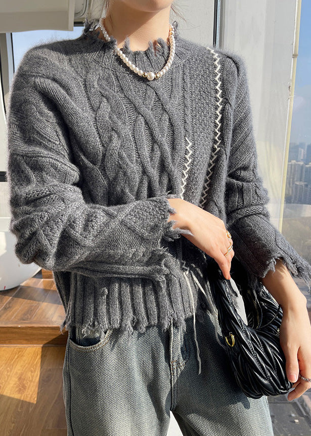 Boutique Beige Stand Collar Cotton Knit Sweater Tops Spring