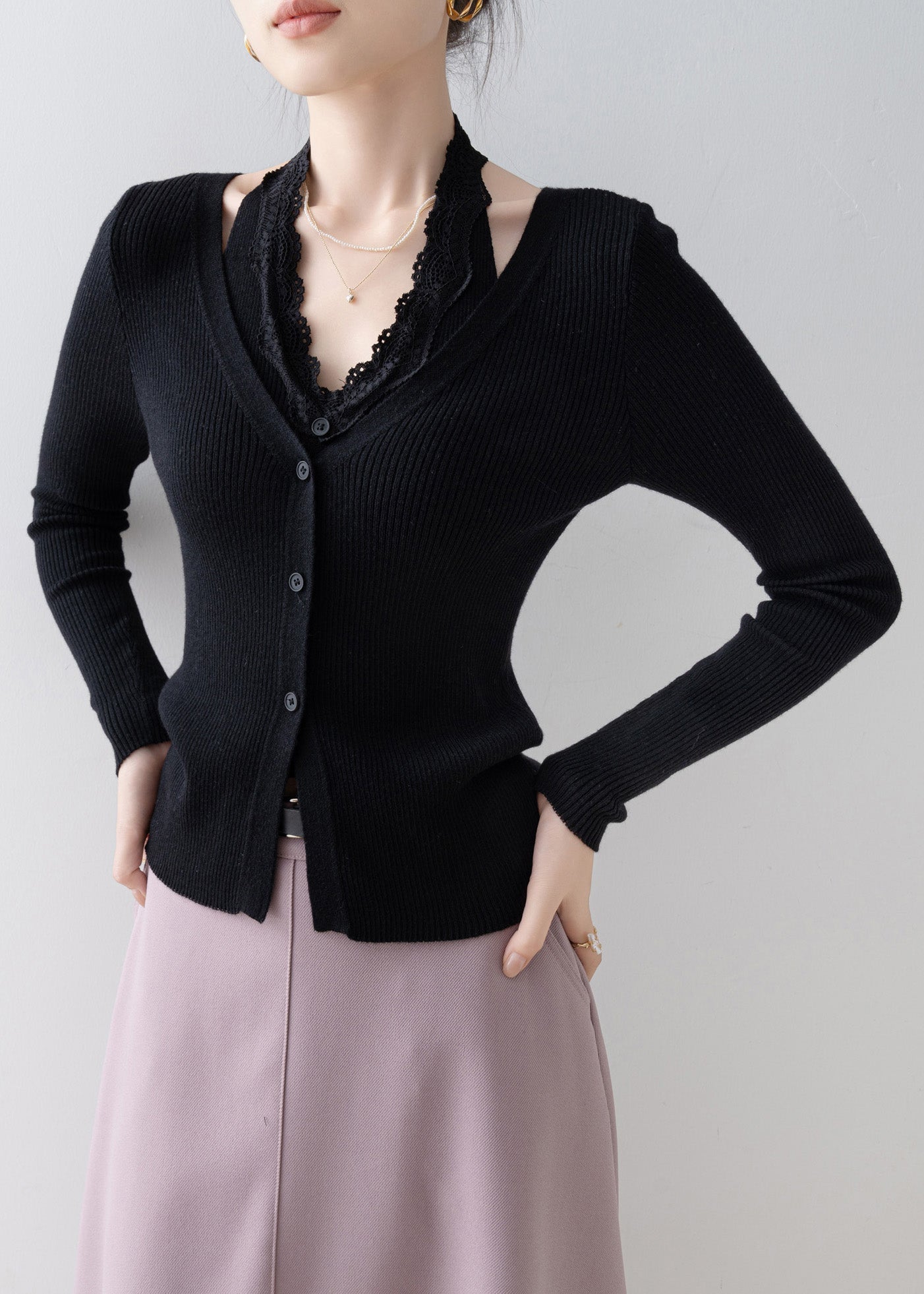 Boutique Black Lace Patchwork False Two Pieces Knitted Tops Spring