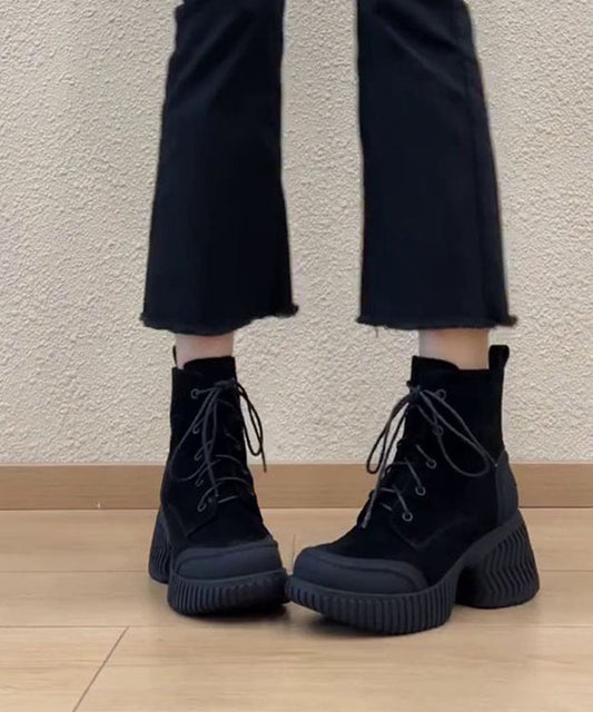 Boutique Black Lace Up Suede Splicing Chunky Boots