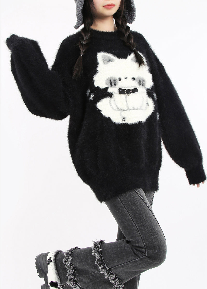 Boutique Black Oversized Cute Cat Faux Mink Hair Knit Short Sweater Winter