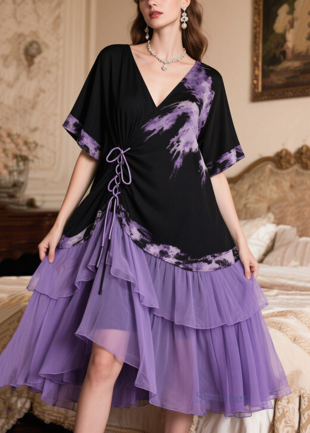 Boutique Black Patchwork Cross Strap Chiffon Tea Dress Summer