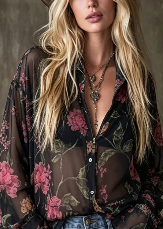 Boutique Black Peter Pan Collar Print Chiffon Shirts Long Sleeve