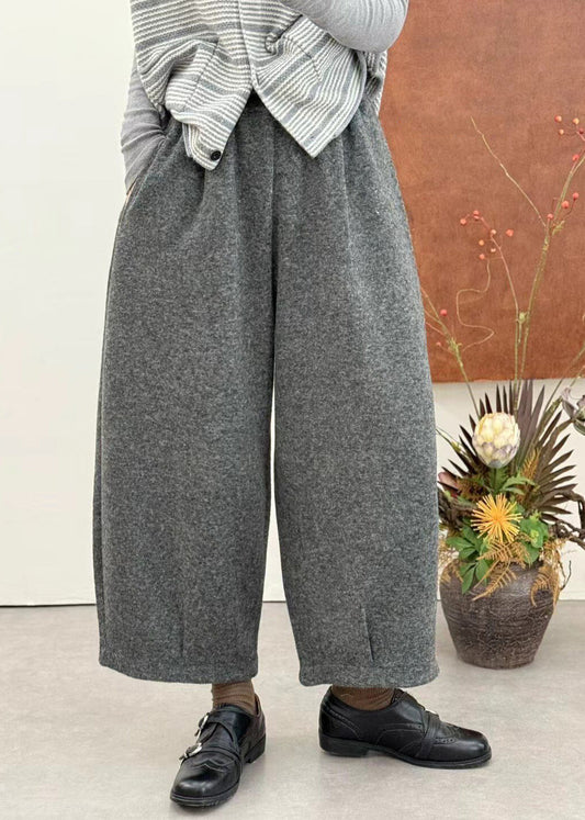 Boutique Black Pockets Patchwork Thick Woolen Pants Winter
