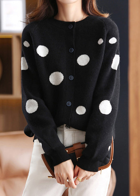 Boutique Black Print Button Cozy Cotton Knit Coats Fall