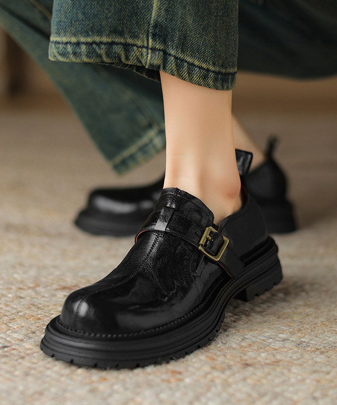 Boutique Black Sheepskin Splicing Platform Loafer Shoes