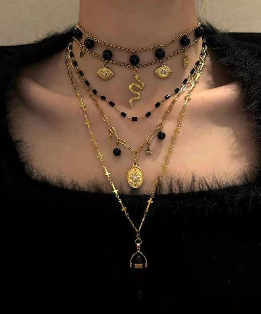 Boutique Black Sterling Silver Overgild Agate Pendant Necklace Three-Piece Set