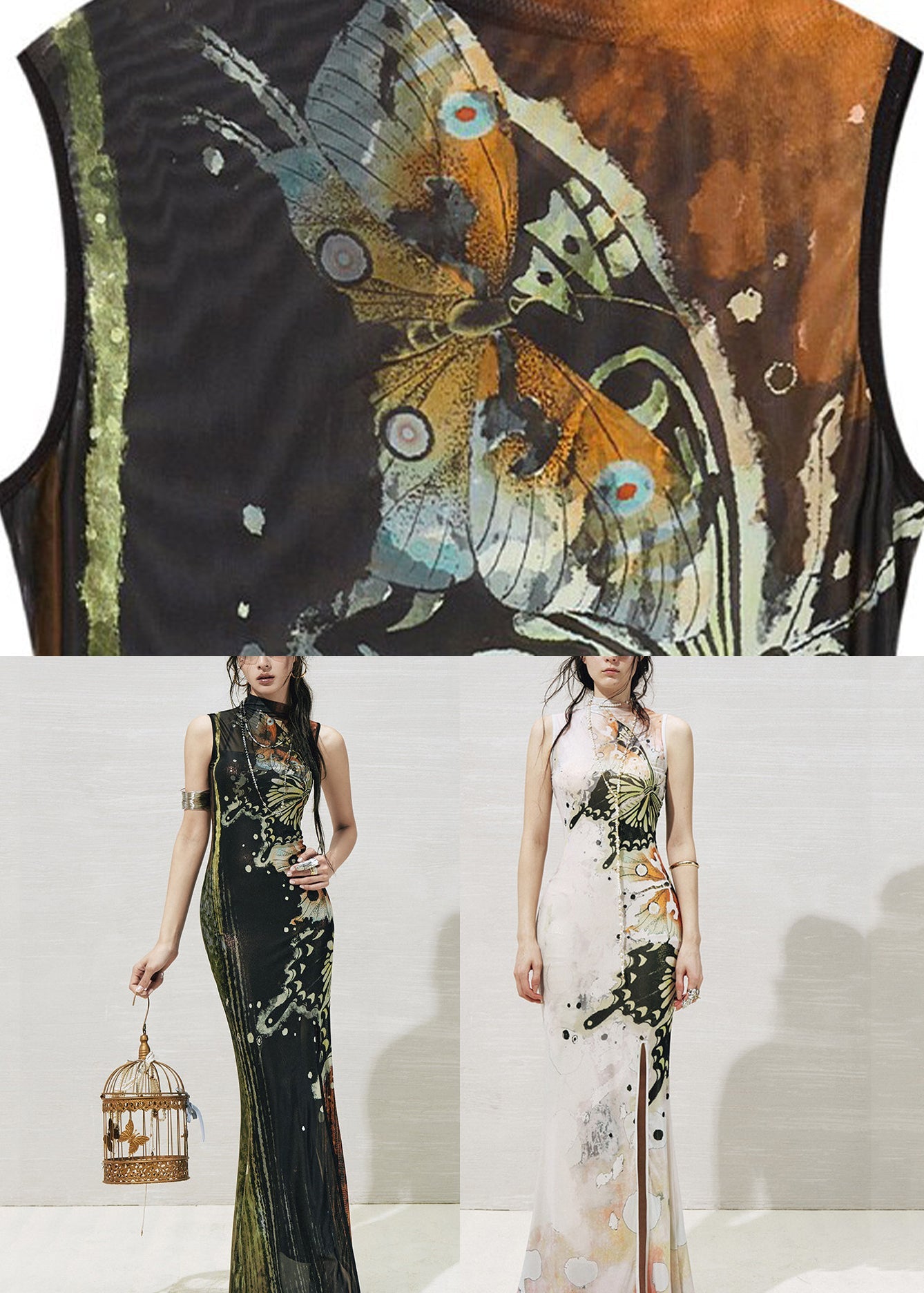 Boutique Black Turtleneck Print Tulle Long Dresses Two Pieces Set Summer