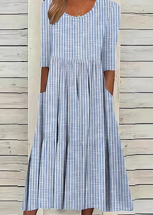 Boutique Blue O Neck Pockets Striped Cotton Dresses Summer