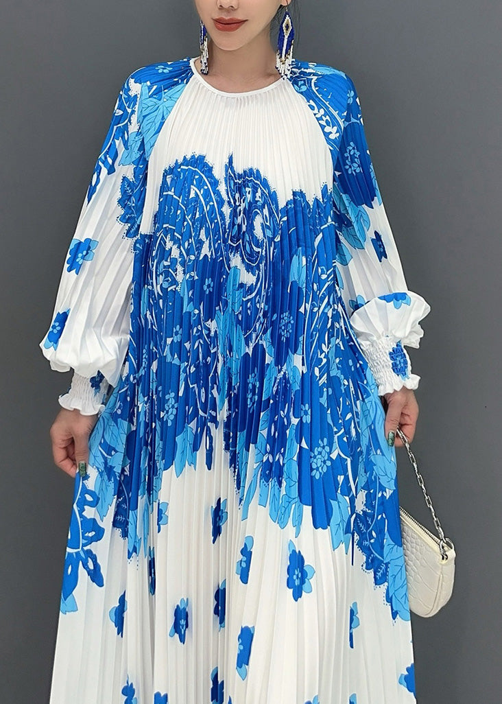 Boutique Blue Oversized Print Pleated Dress Fall