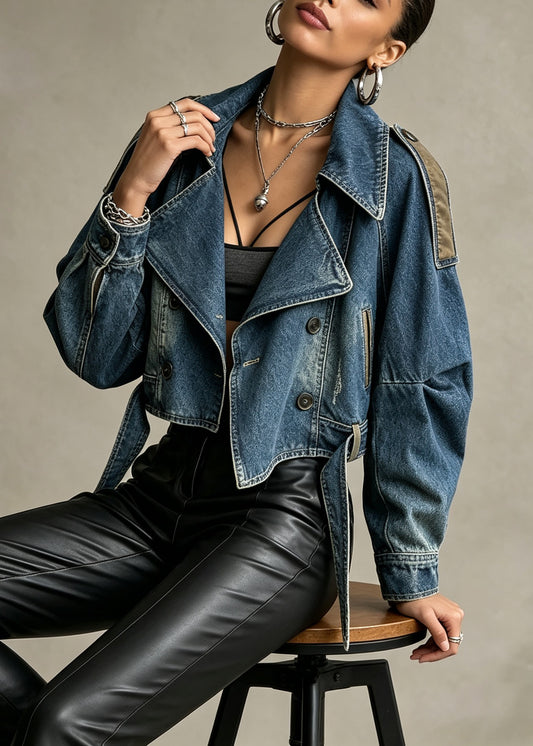Boutique Blue Peter Pan Collar Patchwork Denim Coats Fall