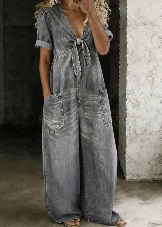 Boutique Blue V Neck Pockets Bow Patchwork Denim Jumpsuit Summer