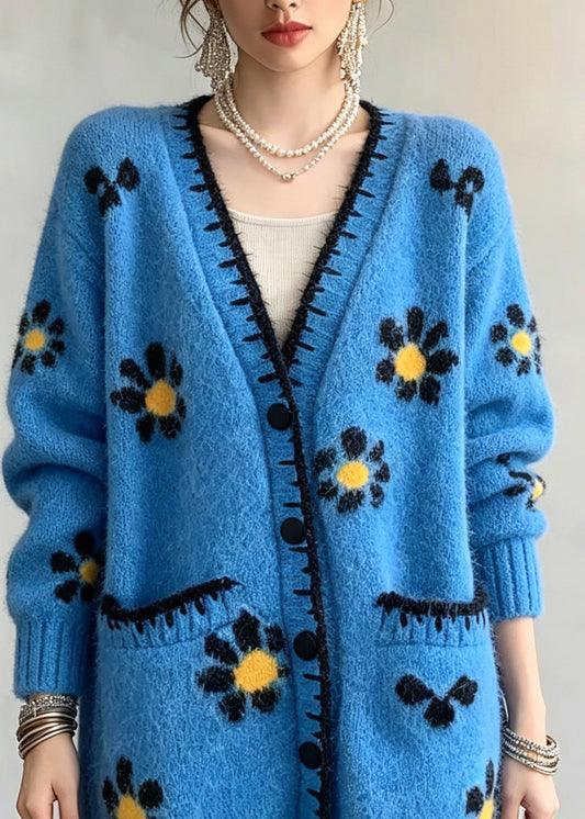 Boutique Blue V Neck Print Cotton Knit Cardigan Fall