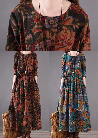 Boutique Brown Cinched Print Cotton Holiday Dress Spring